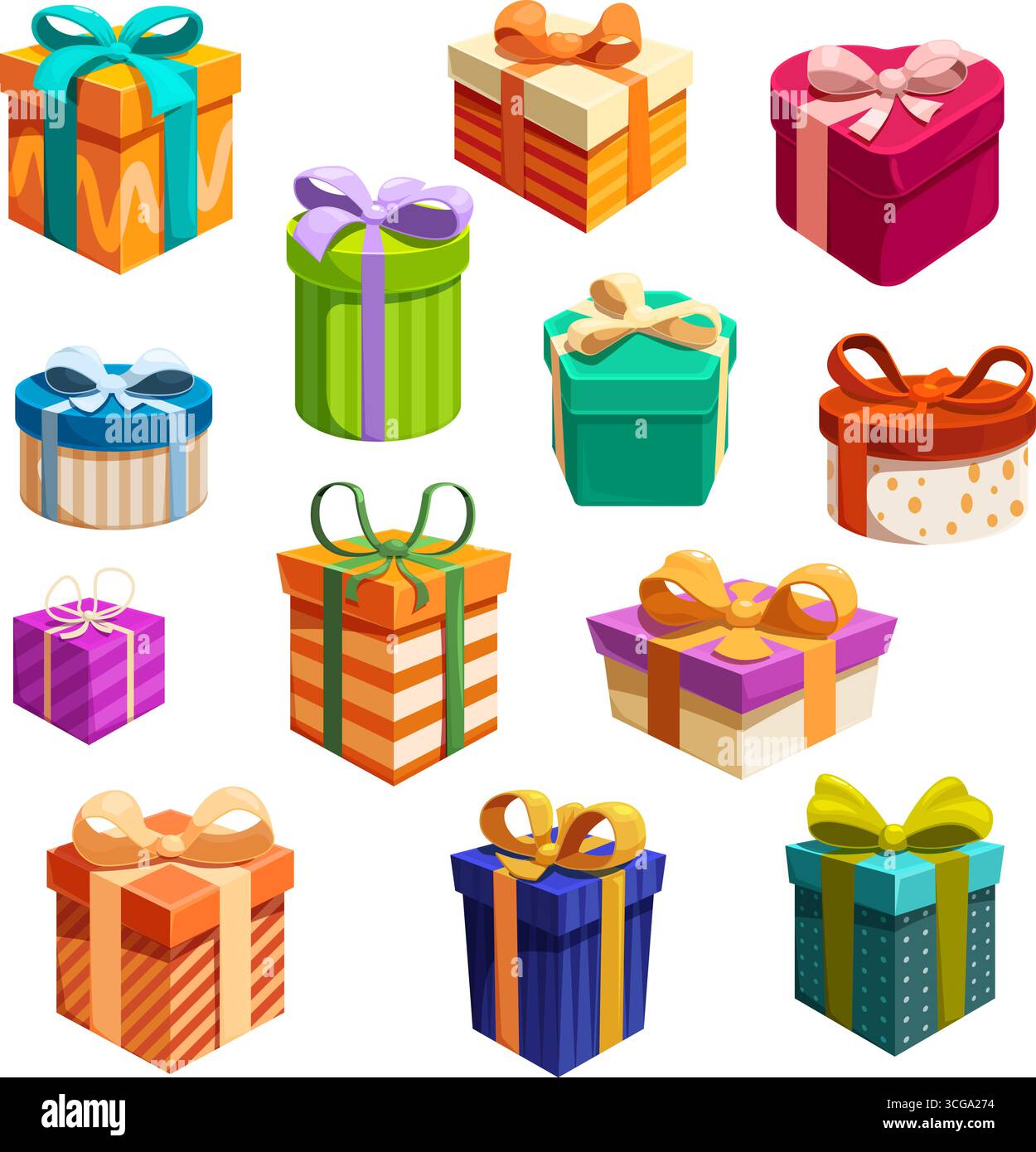 Boîtes-cadeaux animées de dessin animé. Anniversaire de Noël présente boîte avec différents noeuds de ruban. Présent pour l'événement, vacances surprise sapid vector s Illustration de Vecteur