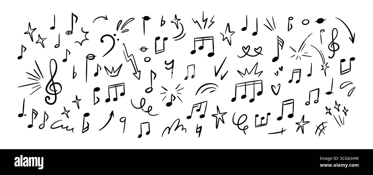 Symboles de musique manuscrits, notes, clés doodle set. Icônes de crayon mélodique dessinées à la main. Illustration vectorielle fantaisiste. Scintillement, étoile, confettis, paillettes, Mo Illustration de Vecteur