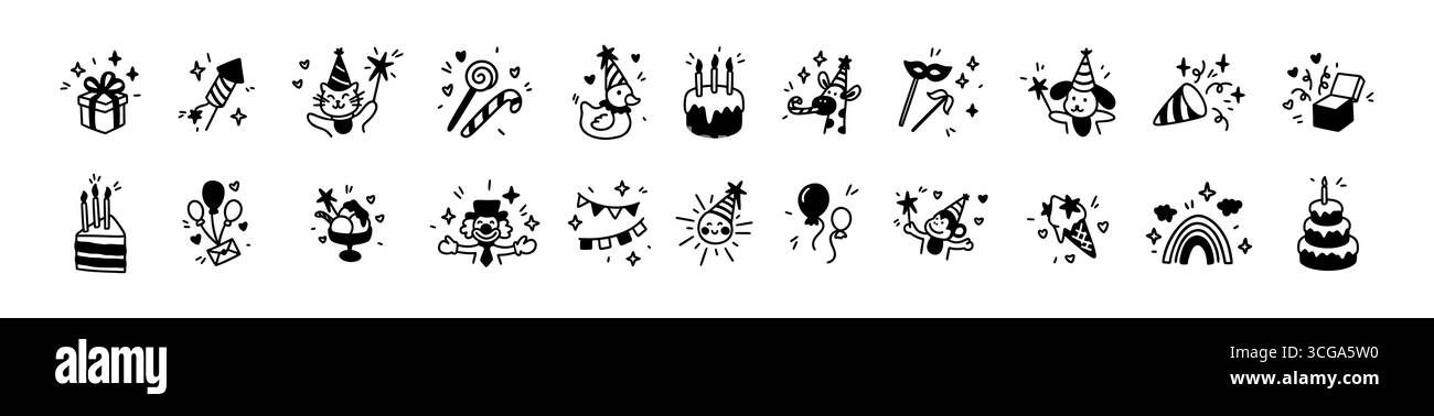 Ensemble de lignes mignonnes doodle contour des icônes d'anniversaire des enfants. Illustration vectorielle d'esquisse dessinée à la main. Fête des enfants heureux. Gâteau d'anniversaire avec bougie Illustration de Vecteur