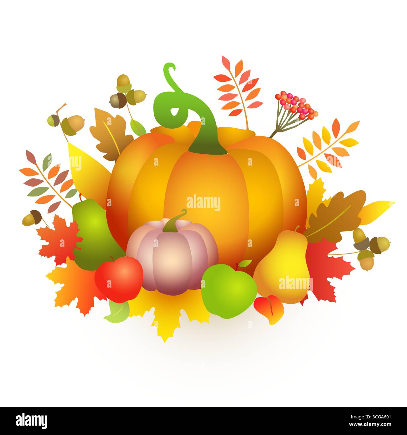 Ensemble d'éléments de jour de Thanksgiving. Décoration des fêtes de moisson. Bannière décorative. Fruits et feuilles isolés en 3D. Bonjour automne, bonjour automne carte de voeux Illustration de Vecteur