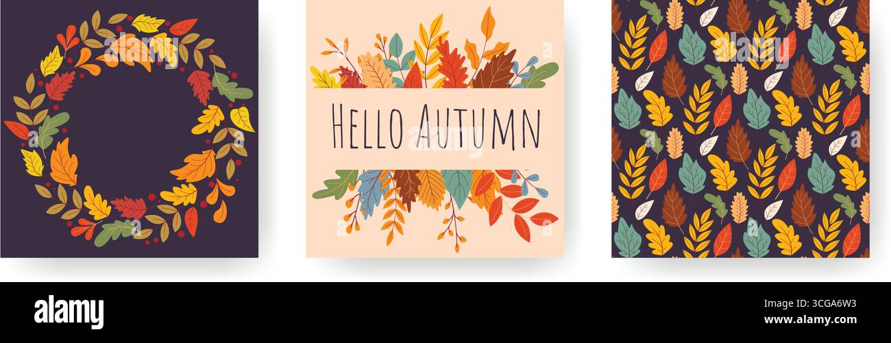 Ensemble de modèles carrés d'automne pour les réseaux sociaux. Disposition avec motif d'automne, couronne et cadre. Fond avec espace pour le texte pour la conception de dépliants Illustration de Vecteur
