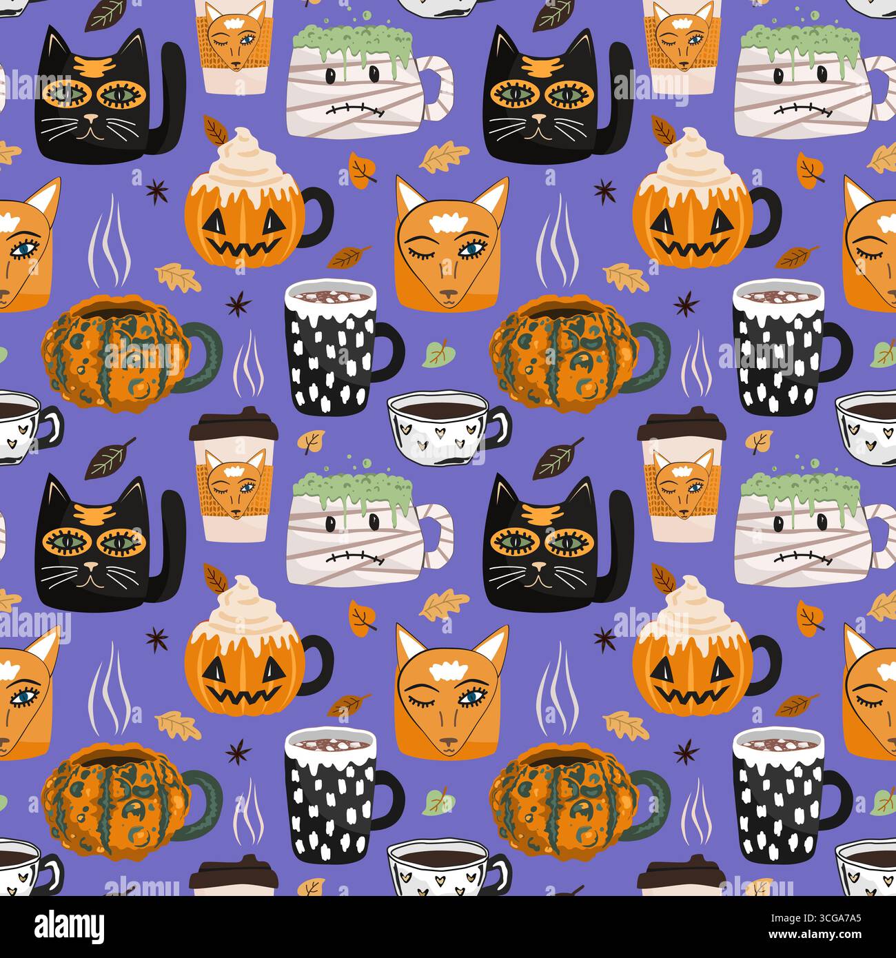 Motif sans couture avec des mugs d'Halloween mignons. Fond d'automne de vecteur. Illustration de Vecteur