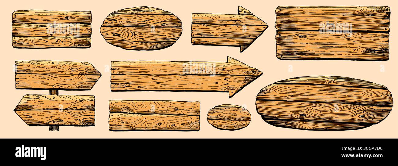 Ensemble de différents signes de cadre en bois, flèches et panneaux directionnels, poteaux ou bannières, panneaux rustiques dans le vieux style vintage dessiné à la main pour le web Illustration de Vecteur