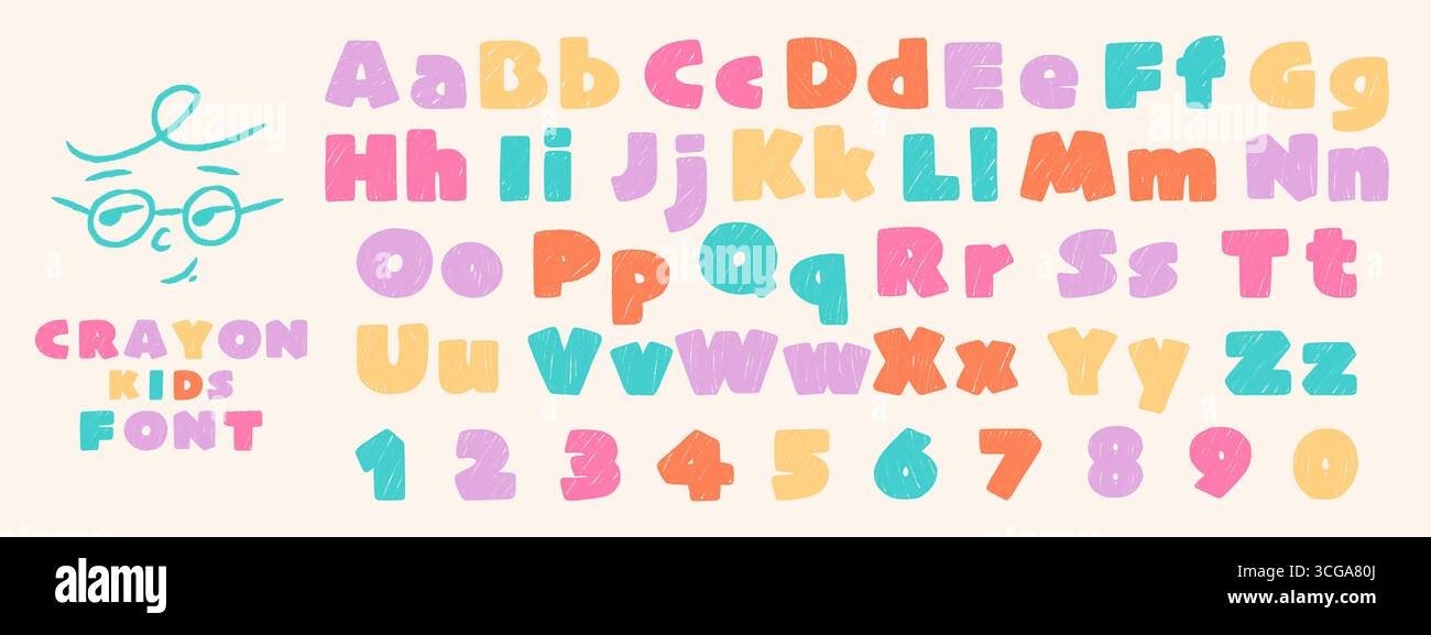 Crayon dessiné à la main alphabet pour enfants avec lettres minuscules et majuscules et chiffres ludiques. Police enfants avec texture craie et crayon Illustration de Vecteur