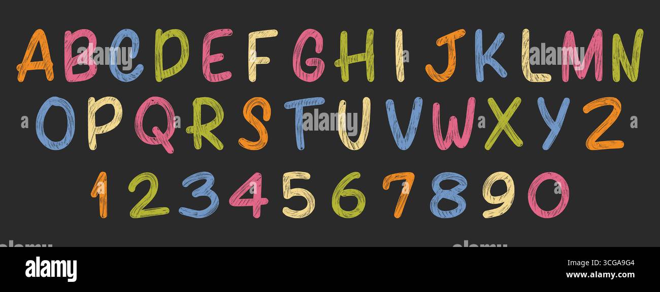 Alphabet et crayon coloré et chiffres, police enfants dessinée à la main avec style pastel cire texturé. Lettres ludiques pastel sur fond sombre Illustration de Vecteur