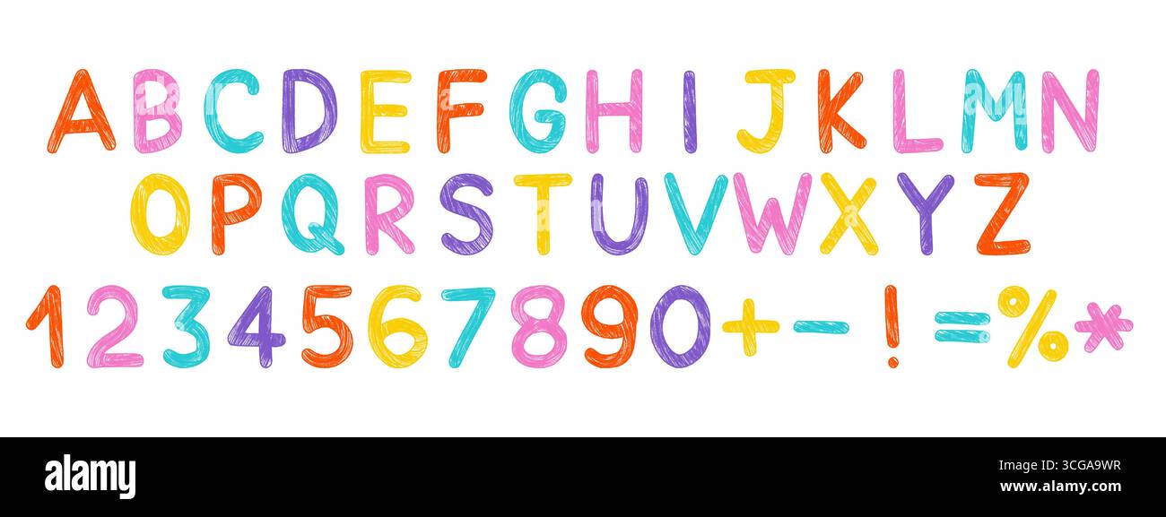 Alphabet et crayon dessiné à la main et des chiffres, style gribouillage. Police enfants avec texture craie et crayon Illustration de Vecteur