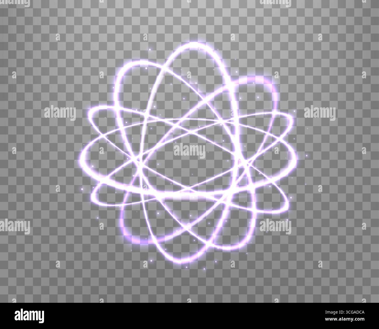 Particule d'atome, effet de lumière brillant anneaux magiques violets. Tourbillon d'énergie réaliste au néon. Effet de lumière abstrait sur un fond transparent. Vecteur Illustration de Vecteur