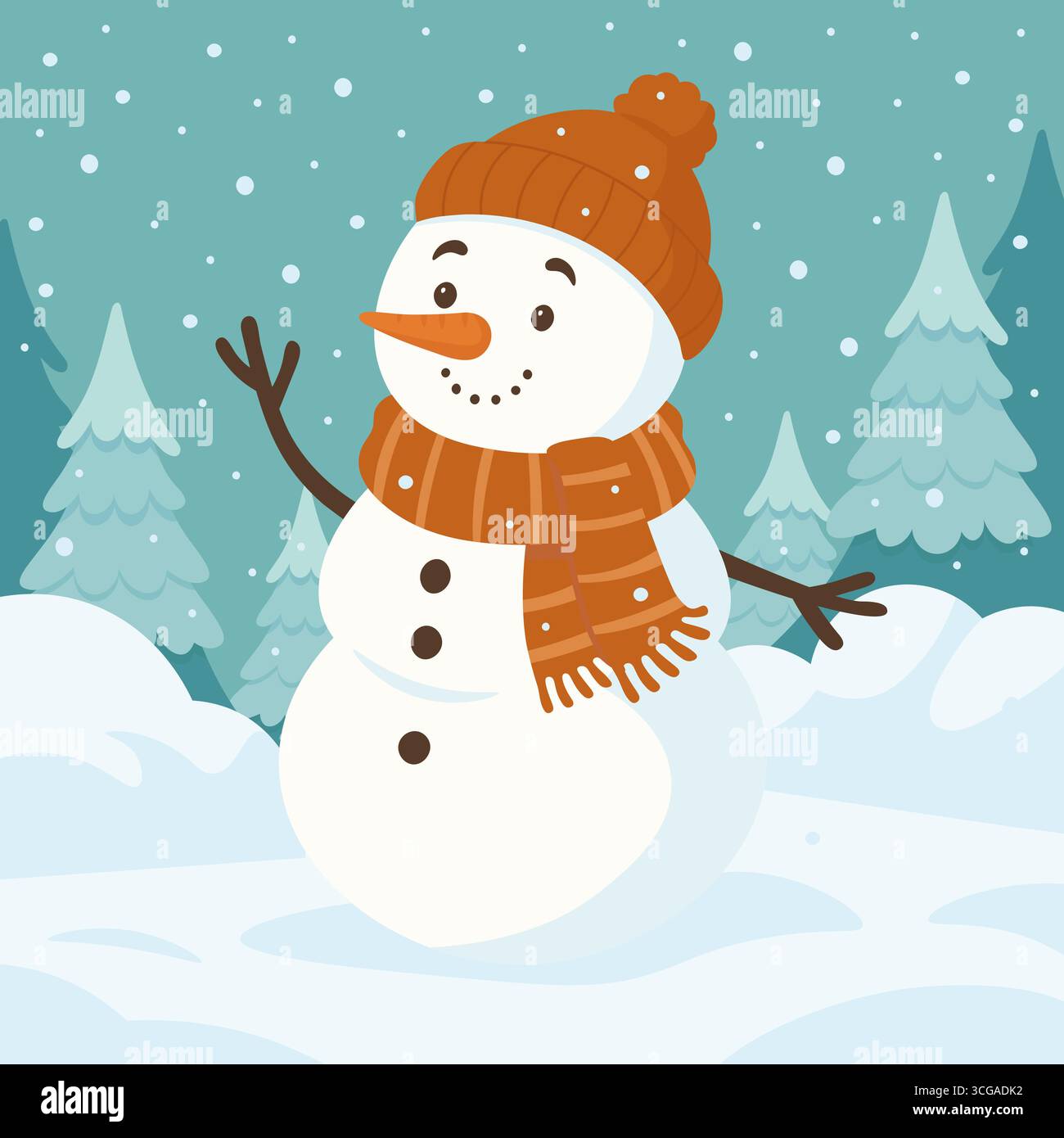 Bonhomme de neige de dessin animé avec nez de carotte et bras de brindilles dans une écharpe confortable et un bonnet debout dans un paysage enneigé avec des pins parfaits pour l'hiver ou les vacances proj Illustration de Vecteur