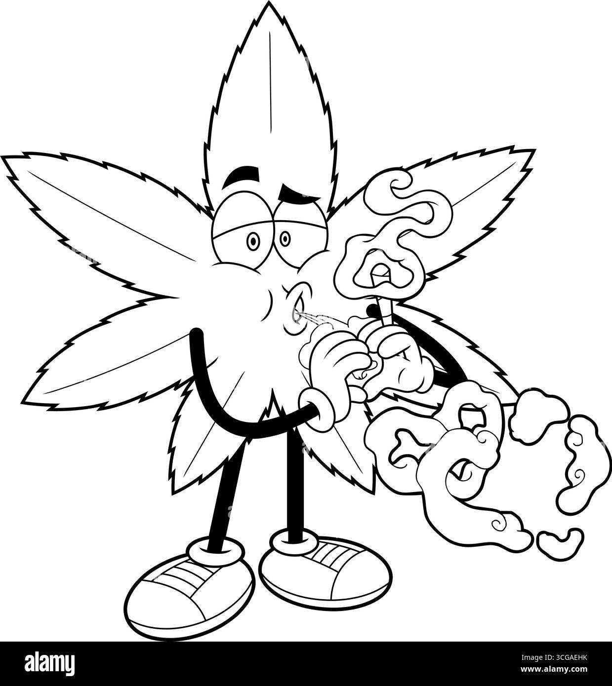 Décrit Funny marijuana Leaf Cartoon Character Smoking A joint. Illustration vectorielle dessinée à la main Illustration de Vecteur