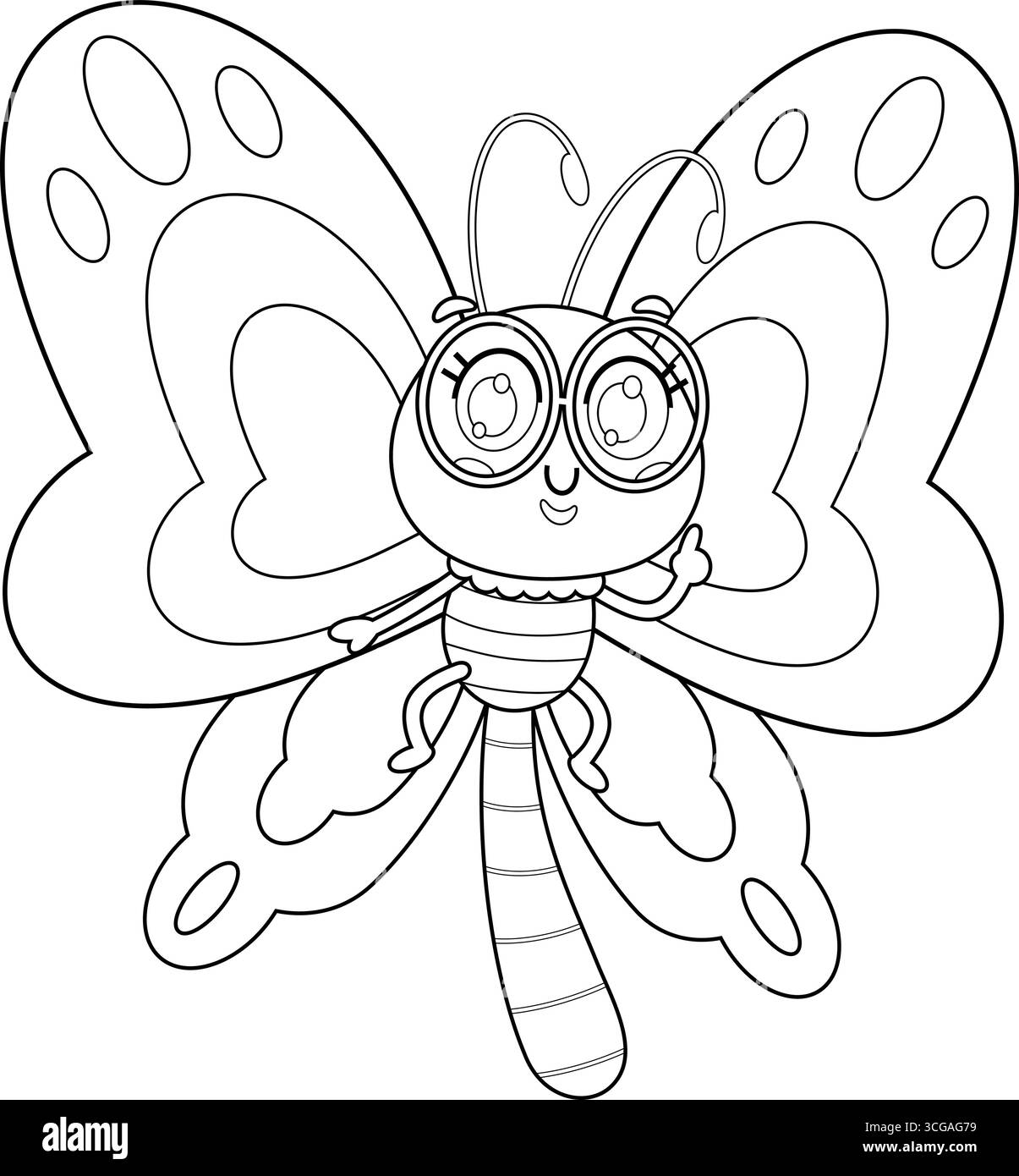 Contour Cute Butterfly Cartoon personnage pointant. Illustration vectorielle dessinée à la main isolée sur fond transparent Illustration de Vecteur