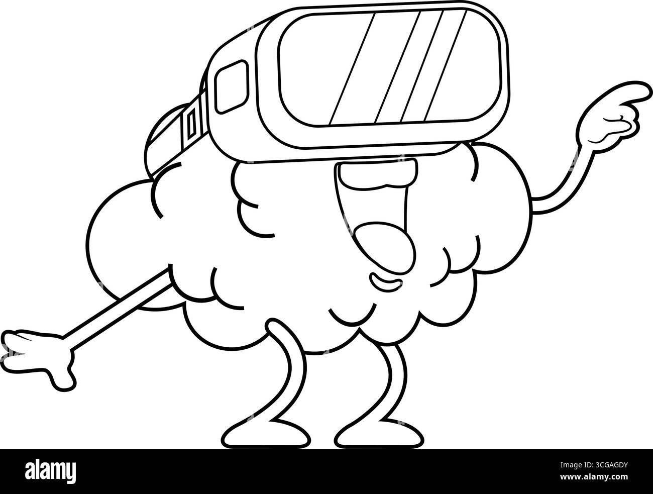 Décrit le personnage Funny Brain Cartoon à l'aide de lunettes de réalité virtuelle. Illustration vectorielle dessinée à la main isolée sur fond transparent Illustration de Vecteur