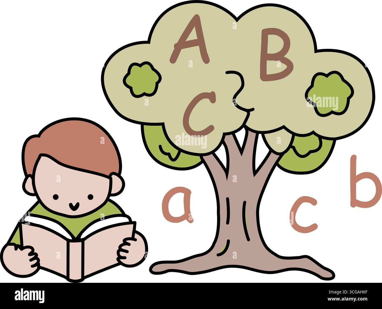 Illustration de l'apprentissage de l'arbre ABC – enfant lisant sous l'arbre alphabétique. Bonne journée de l'alphabétisation Illustration de Vecteur