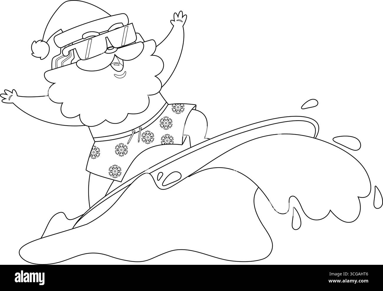 Décrit Happy Summer Santa Claus Cartoon personnage surf et Riding A Wave. Illustration vectorielle dessinée à la main isolée sur fond transparent Illustration de Vecteur