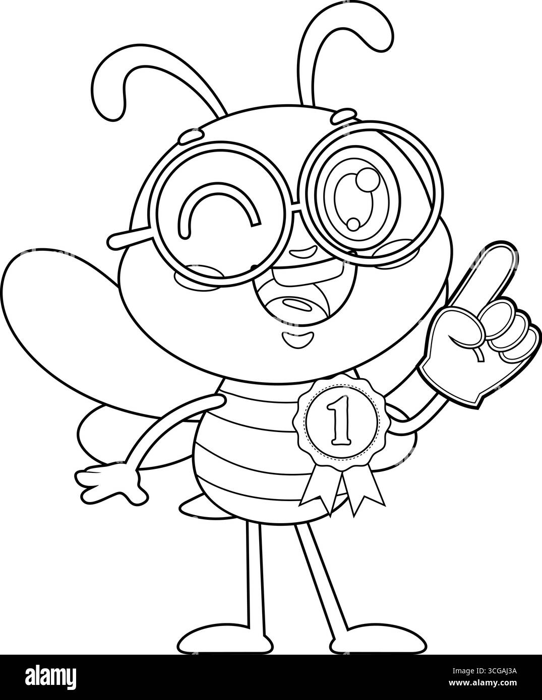 Dessiné Cute School Bee Cartoon Character montrant le numéro un avec Foam Finger. Illustration vectorielle dessinée à la main isolée sur fond transparent Illustration de Vecteur