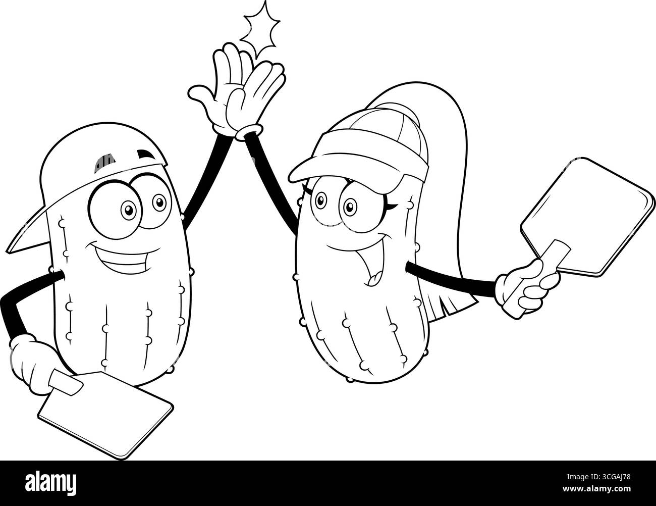 Décrit les personnages de dessin animé de l'homme et de la fille mignon de Pickleball donnant High Five Vector. Illustration dessinée à la main isolée sur fond transparent Illustration de Vecteur