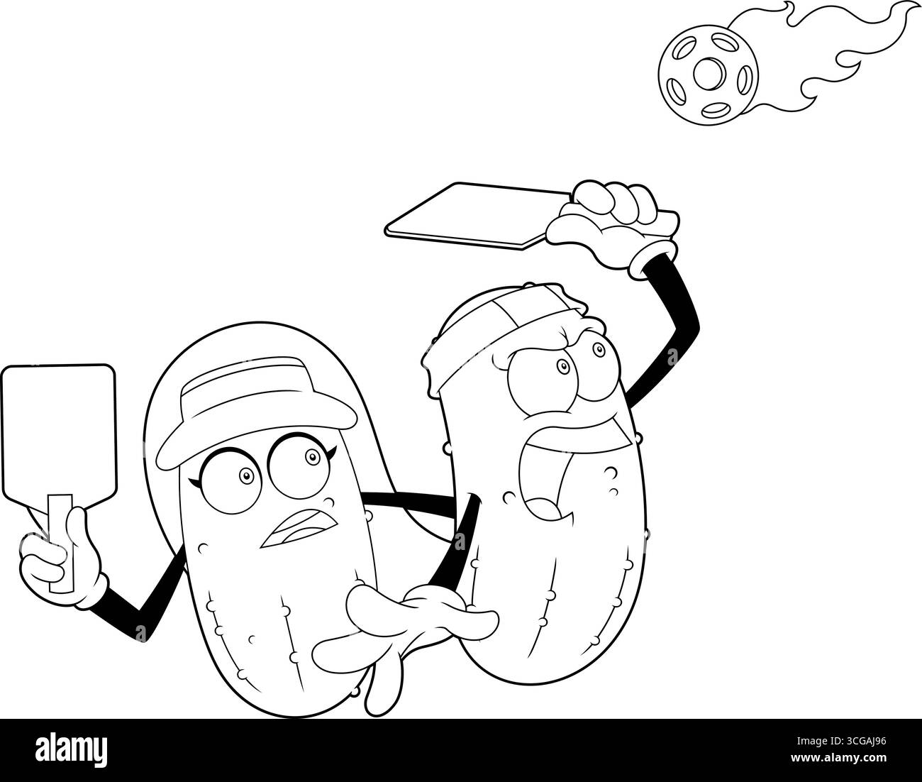 Esquissé mignon fille et homme joueurs de Pickleball personnages de dessin animé. Illustration vectorielle dessinée à la main isolée sur fond transparent Illustration de Vecteur