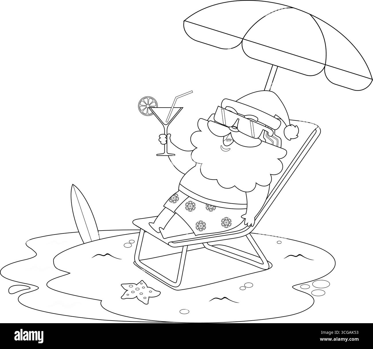 Esquissé le personnage de dessin animé du Père Noël d'été se trouvant dans la chaise de pont et buvant un cocktail sur la plage. Illustration vectorielle dessinée à la main Illustration de Vecteur