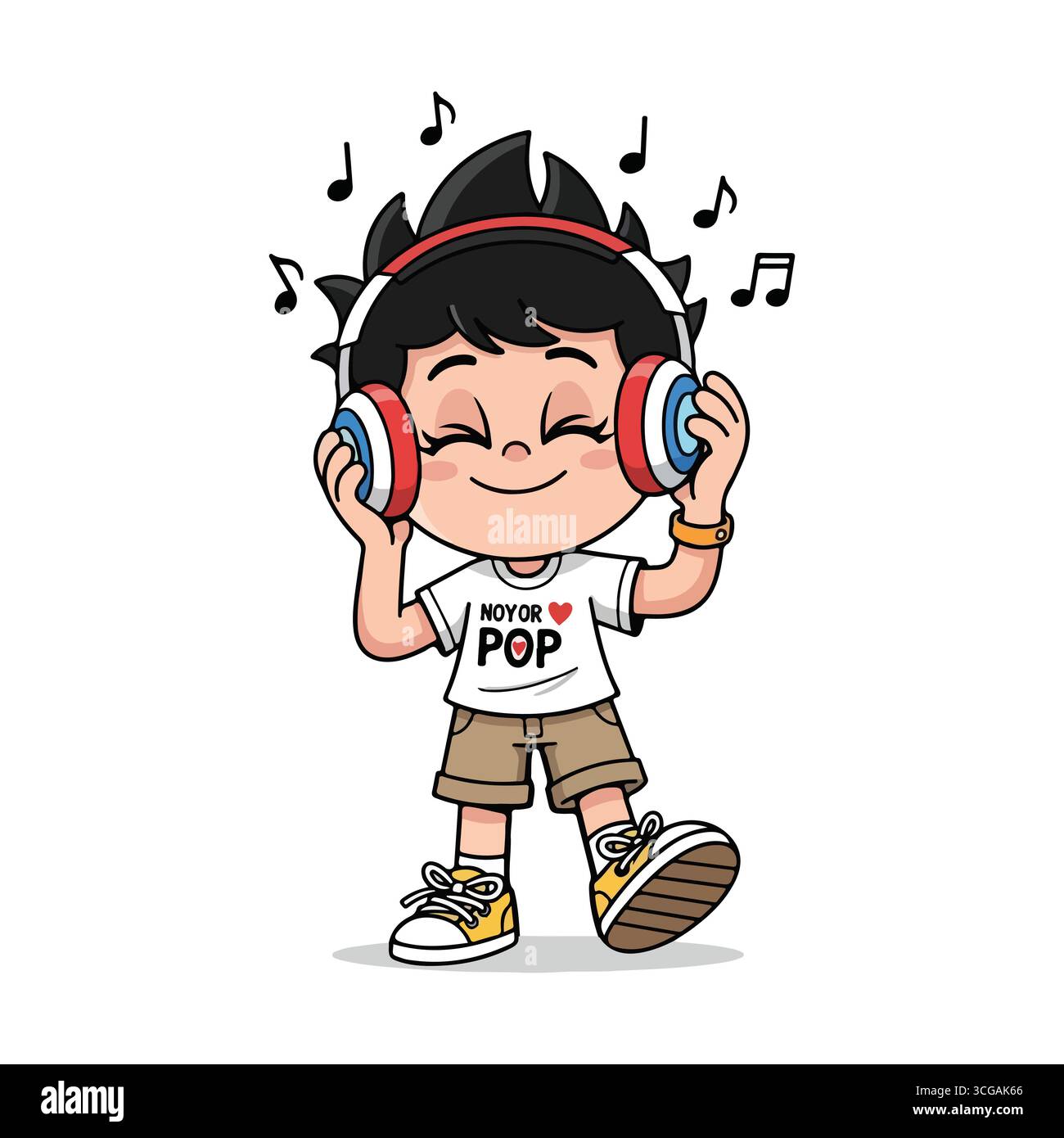 Un garçon de dessin animé joyeux avec des écouteurs, appréciant la musique Illustration de Vecteur