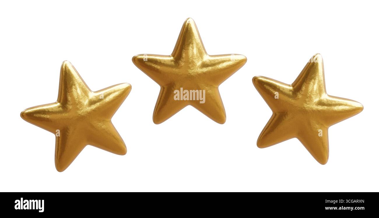 Trois étoiles dorées isolées sur blanc. Symbole de signe de notation et de classement, rendu 3D. Banque D'Images