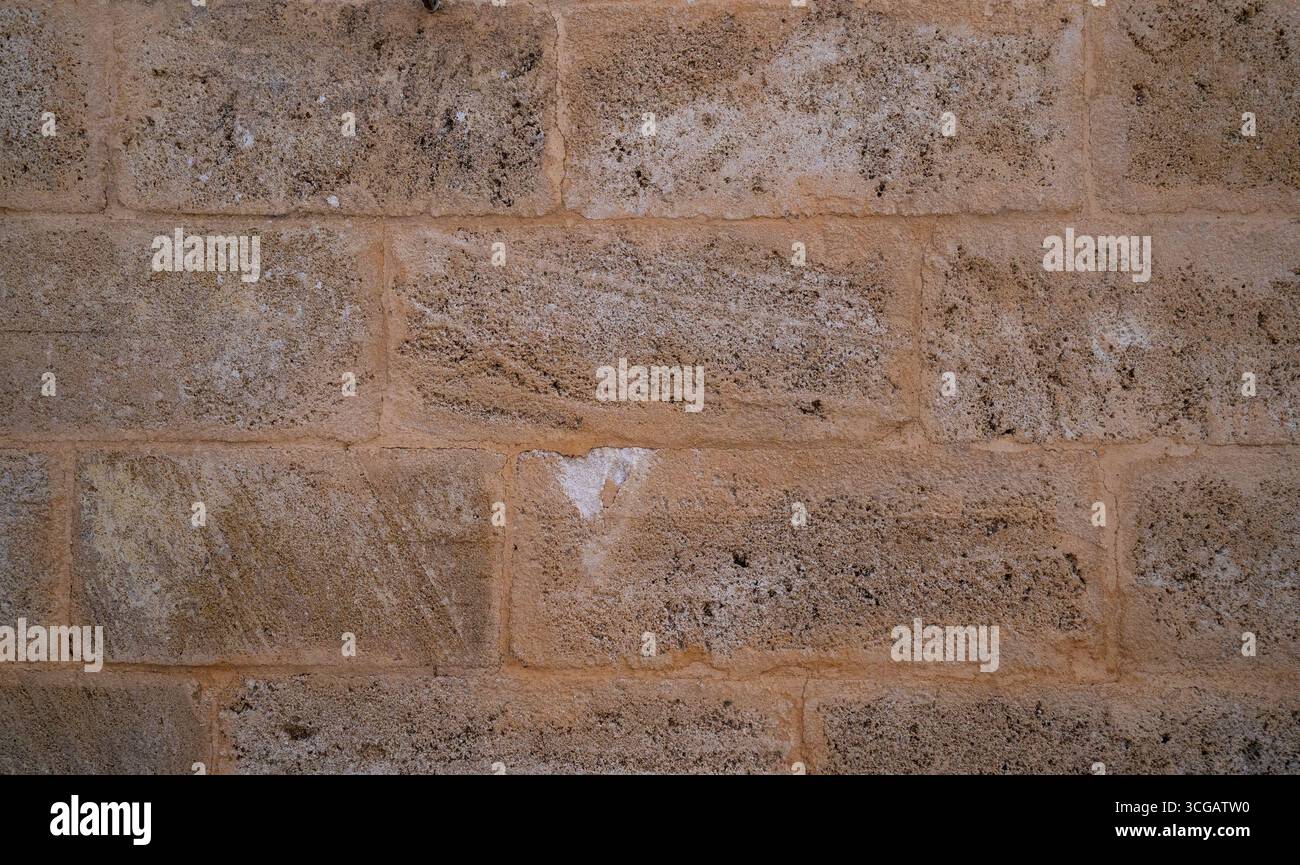 Gros plan de mur de briques en pierre avec texture calcaire altérée, parfait pour la conception et les arrière-plans Banque D'Images