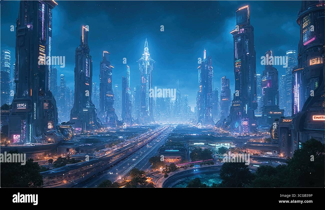 Bâtiment de ville futuriste 3D avec la lumière du soleil, Skycraper, New york, Illustration de Vecteur
