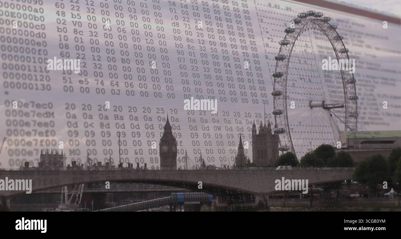 Vue de Londres avec le Westminster Bridge Big Ben Parliament Eye sur la Tamise superposé code hexadécimal Banque D'Images