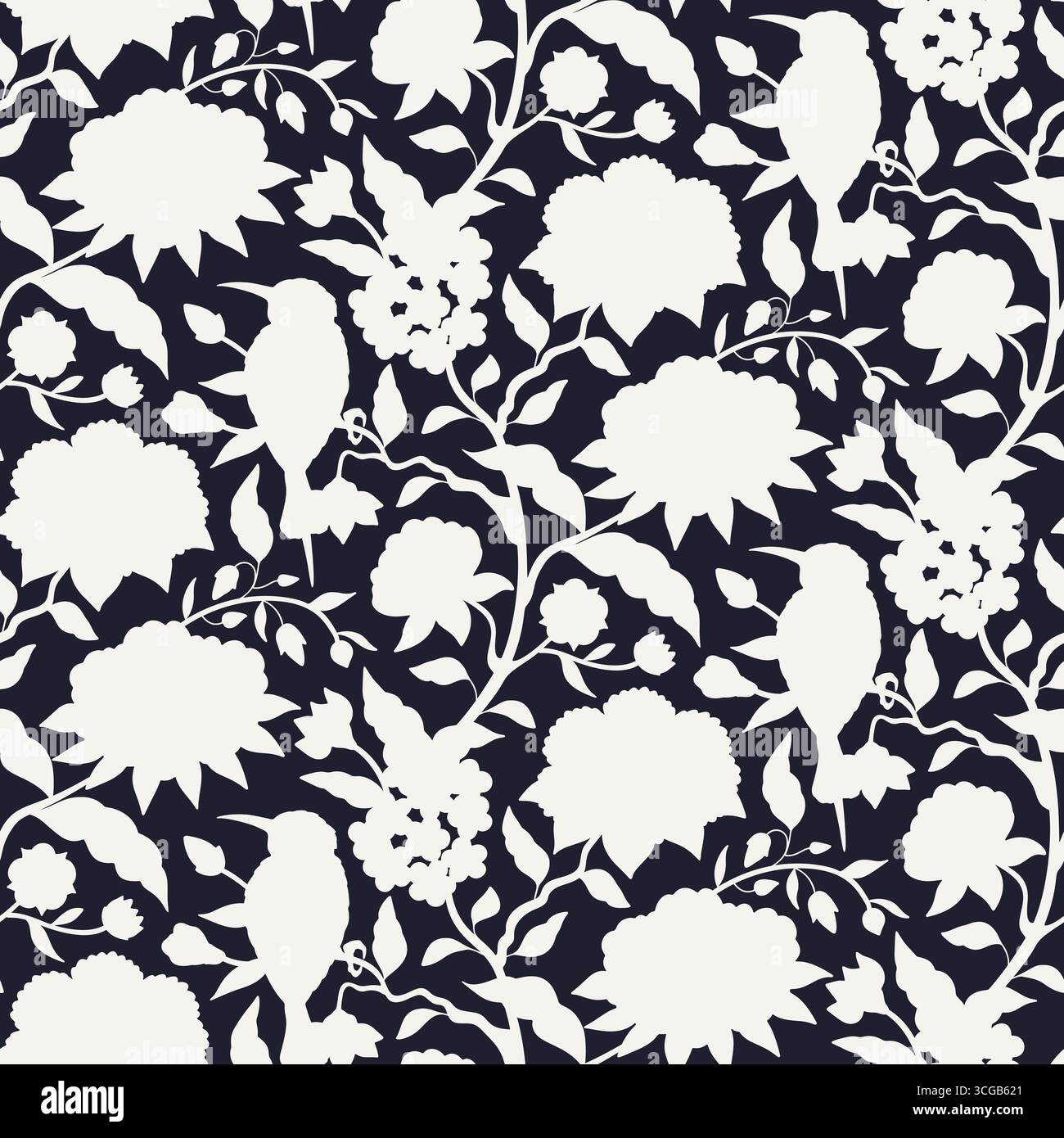 Modèle sans couture avec chinoiserie monochrome noir et blanc fleurs dessinées à la main et silhouettes d'oiseaux. Papier peint floral avec style chinois à la traîne Illustration de Vecteur