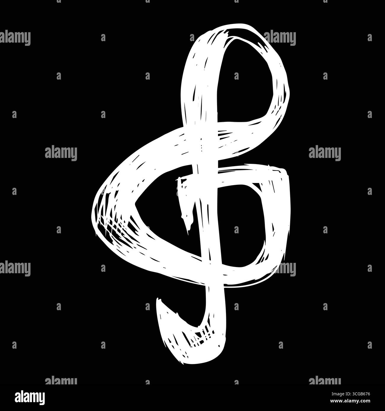 Illustration vectorielle d'un symbole de clef triple blanche dessiné à la main sur un fond noir, esquissé et artistique, symbolisant la musique et la créativité. Illustration de Vecteur