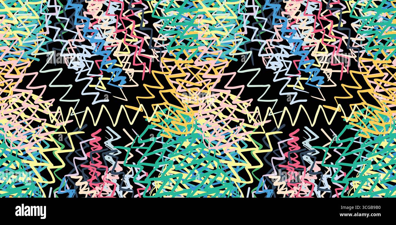Motif vectoriel coloré sans couture de traits en zigzag géométriques disposés en couches vibrantes, formant un fond décoratif moderne et ludique. Illustration de Vecteur