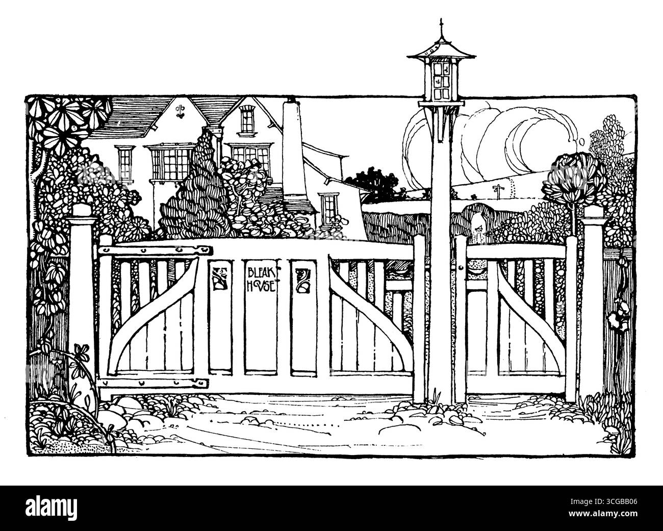 Jardin édouardien et portail d'allée dessiné par Frederick Lawrence de Londres dans Studio Magazine 1905 Banque D'Images