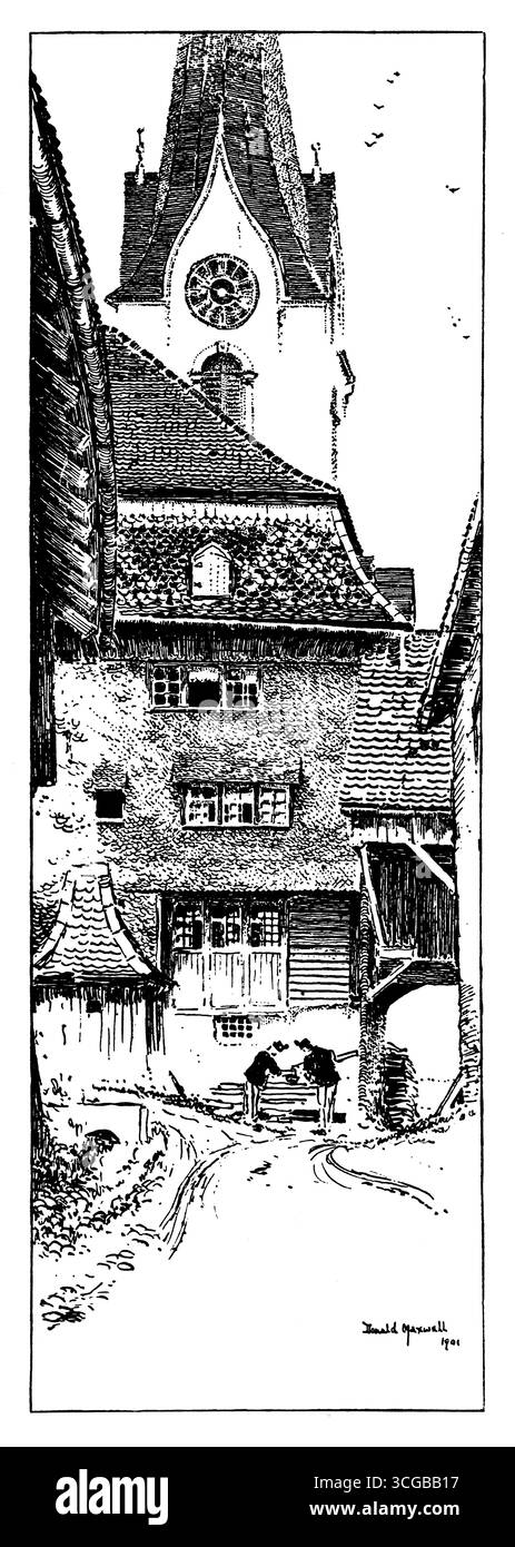 1901 dessin à la plume et à l'encre de Mogelsberg, Suisse par l'écrivain et illustrateur anglais Donald Maxwell Banque D'Images