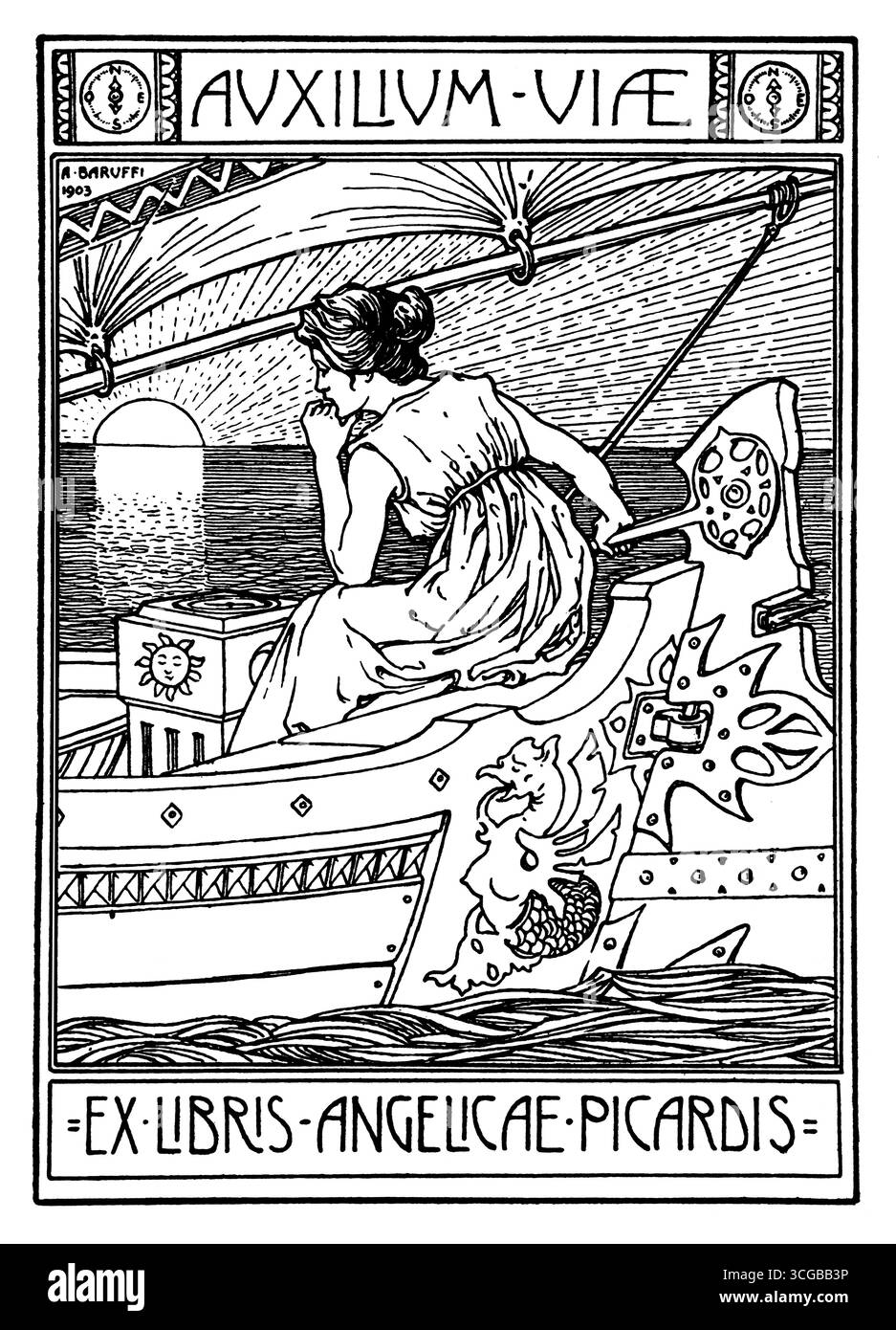 Femme à la barre de bateau au coucher du soleil pilotant par compas 1903 bibliothèque pour Angelicae Picardis par l'illustrateur italien Alfredo Baruffi de Studio Magazine Banque D'Images