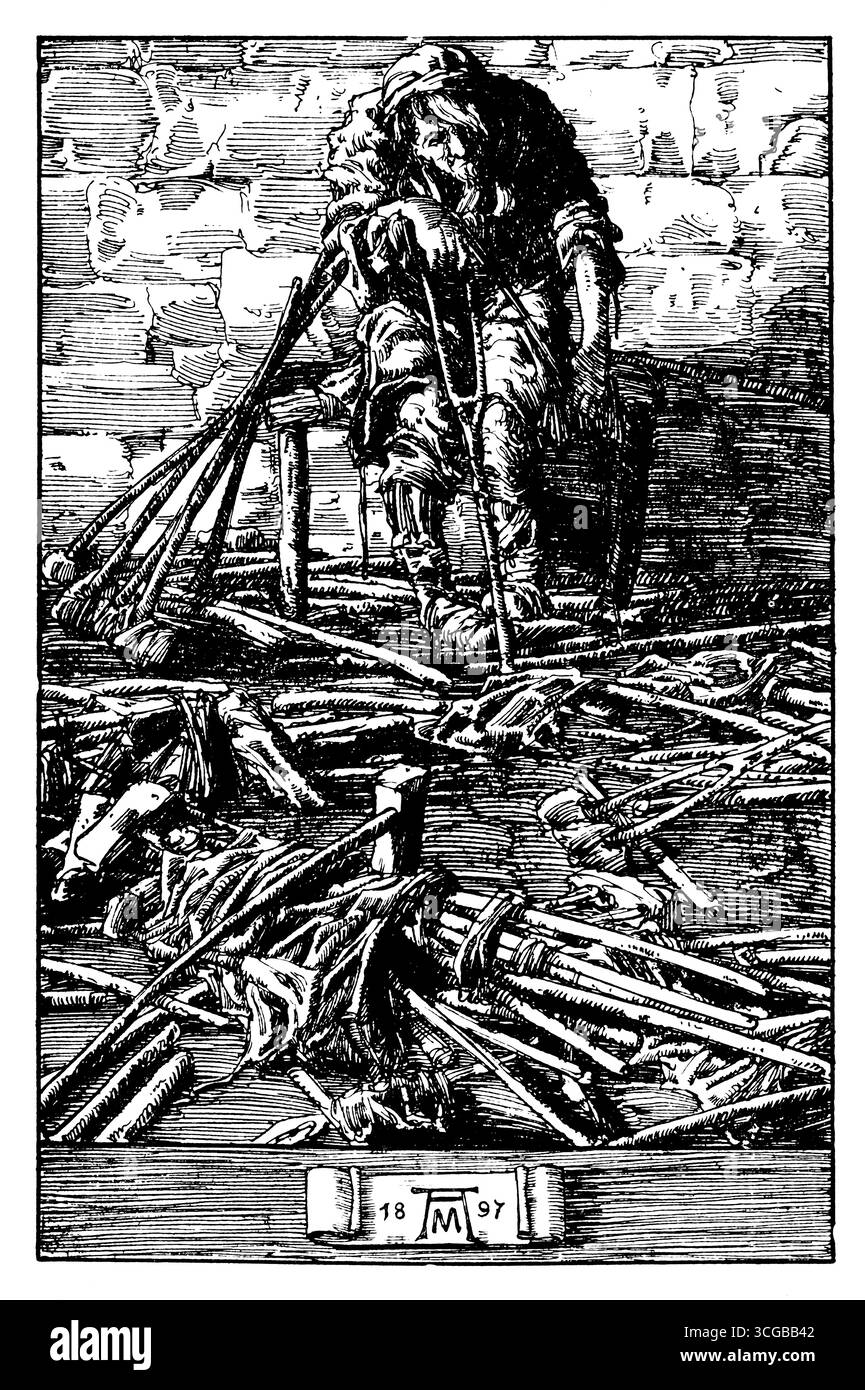Homme handicapé opprimé parmi pile de béquilles 1897 dessin de l'illustrateur italien Alberto Martini de Studio Magazine 1905 Banque D'Images