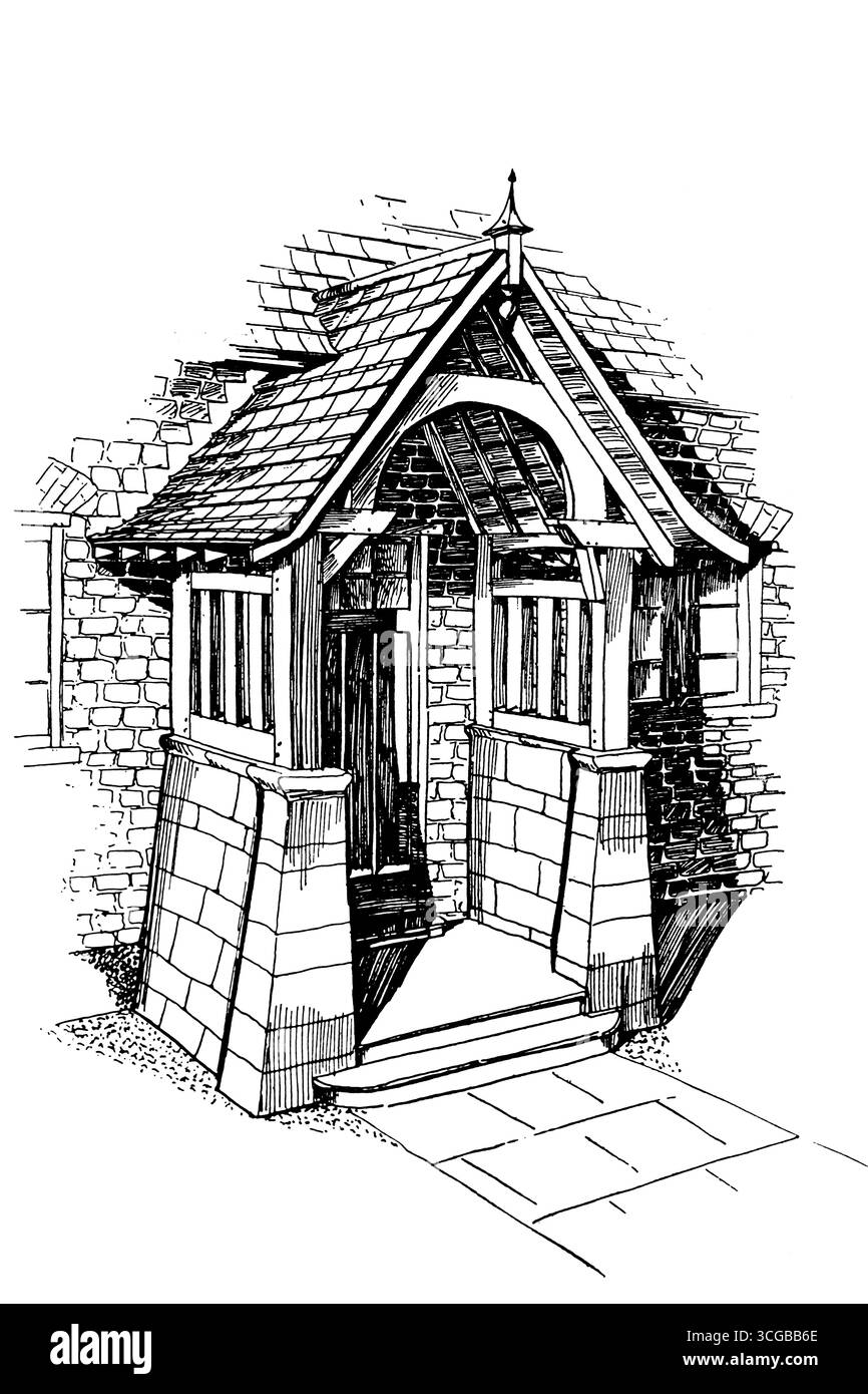 Cottage Porch design en pierre, bois et carrelage par Christopher C Biggs de Studio Magazine 1905 Banque D'Images