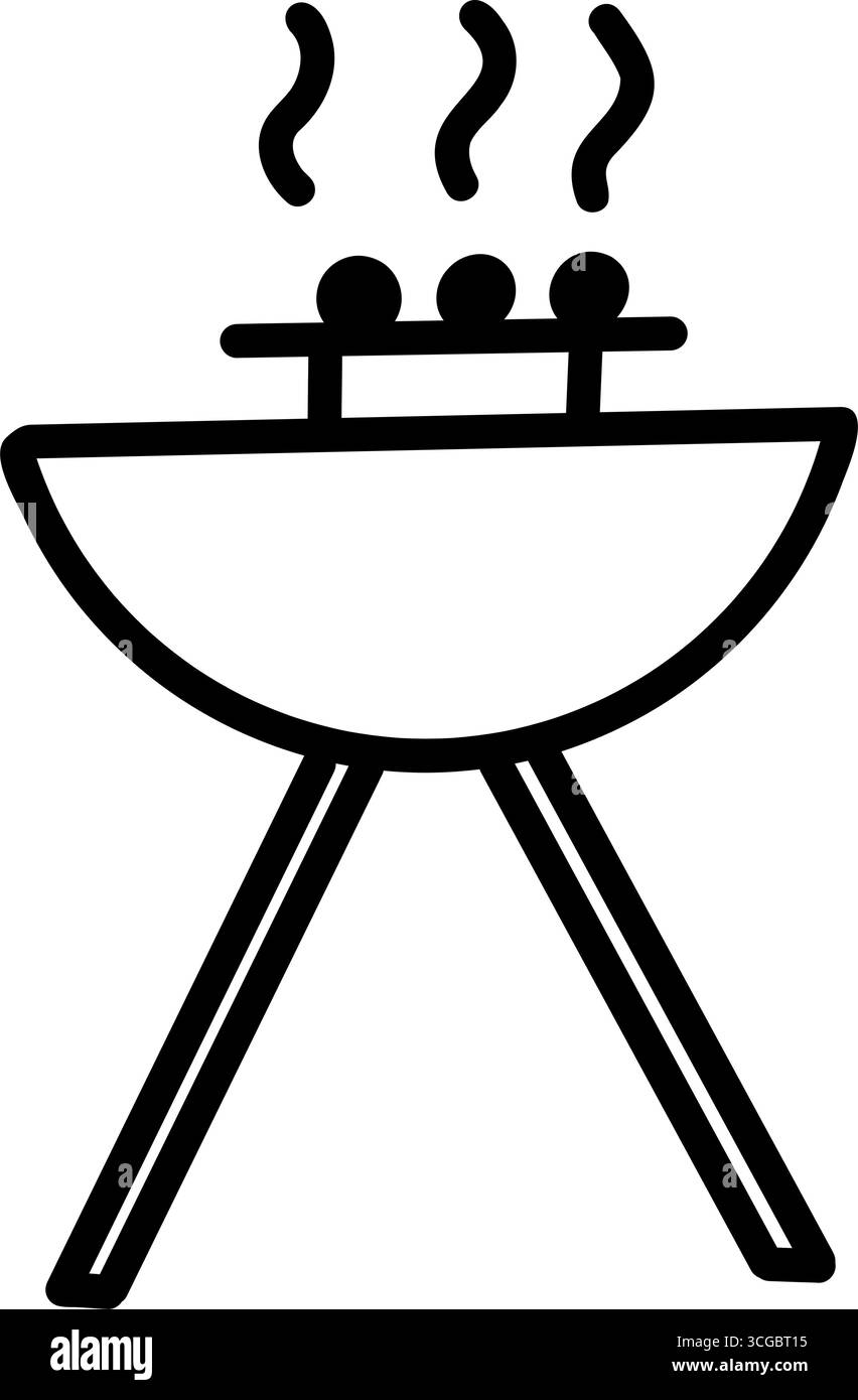 Gril de barbecue portable. Cuisson de saucisses avec fumée de vapeur dans le camping ou pique-nique. Icône de griffonnage de ligne noire dessinée à la main. Fête de la nourriture. Illustration de Vecteur