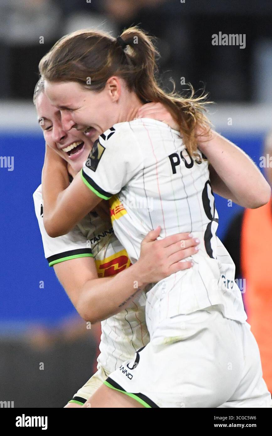 Leuven, Belgique. 27 août 2025. La femme OHL Sara Pusztai célèbre lors d'un match de football entre Oud-Heverlee Louvain Women et la BosnieHerzégovine SFK 2000 Sarajevo, mercredi 27 août 2025 à Louvain, le premier match du tournoi de qualification pour la compétition de l'UEFA Champions League. BELGA PHOTO JILL DELSAUX crédit : Belga News Agency/Alamy Live News Banque D'Images