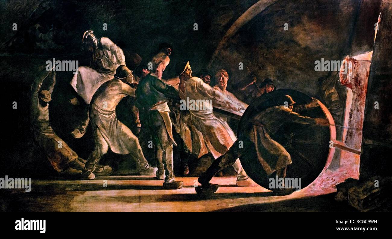 Enlèvement du creuset brisé 1885 par Constantin Meunier 1831-1905 Belgique belge , Musée Lille France. Constantin Meunier (1831-1905) était un peintre et sculpteur belge célèbre pour ses représentations socialistes réalistes de la classe ouvrière industrielle. Son art se concentre sur les mineurs et les dockers, élevant leur vie et leurs luttes à un niveau emblématique, et reflétant les changements sociaux et politiques de son époque. Ses œuvres importantes incluent le monumental mine Triptyque, qui décrit le cycle quotidien de la vie d'un mineur, et des sculptures comme les mineurs. Banque D'Images