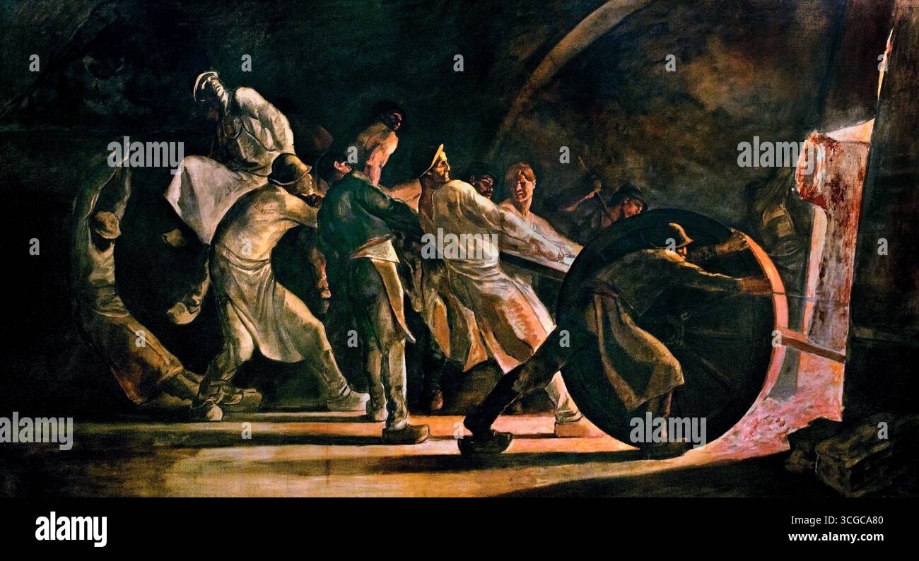 Enlèvement du creuset brisé 1885 par Constantin Meunier 1831-1905 Belgique belge , Musée Lille France. Constantin Meunier (1831-1905) était un peintre et sculpteur belge célèbre pour ses représentations socialistes réalistes de la classe ouvrière industrielle. Son art se concentre sur les mineurs et les dockers, élevant leur vie et leurs luttes à un niveau emblématique, et reflétant les changements sociaux et politiques de son époque. Ses œuvres importantes incluent le monumental mine Triptyque, qui décrit le cycle quotidien de la vie d'un mineur, et des sculptures comme les mineurs. Banque D'Images