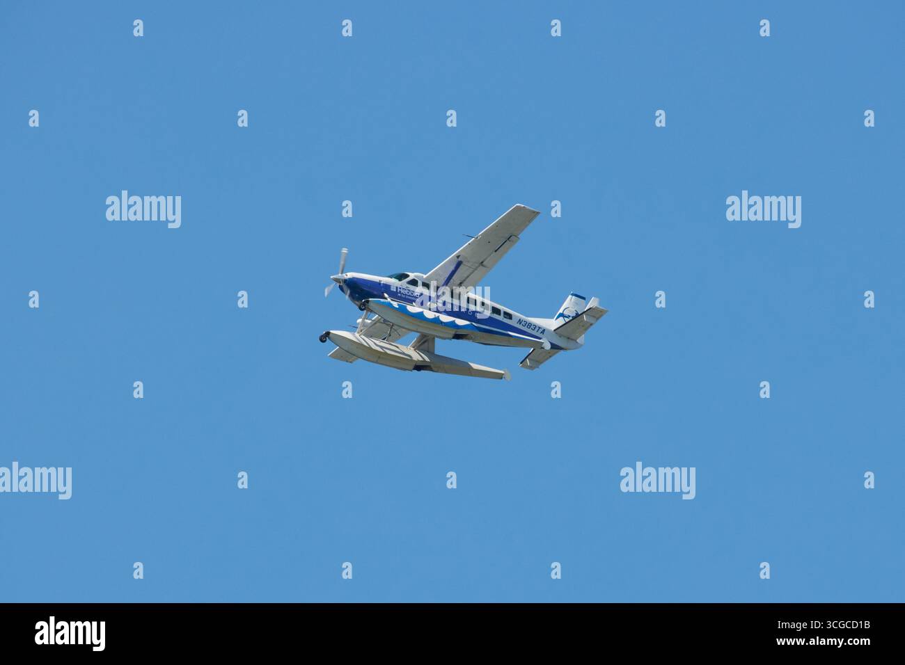 Un hydravion dans les airs contre un ciel bleu clair par la société Blade, une compagnie de banlieue New-yorkaise et de voyage aérien touristique, espace copie Banque D'Images