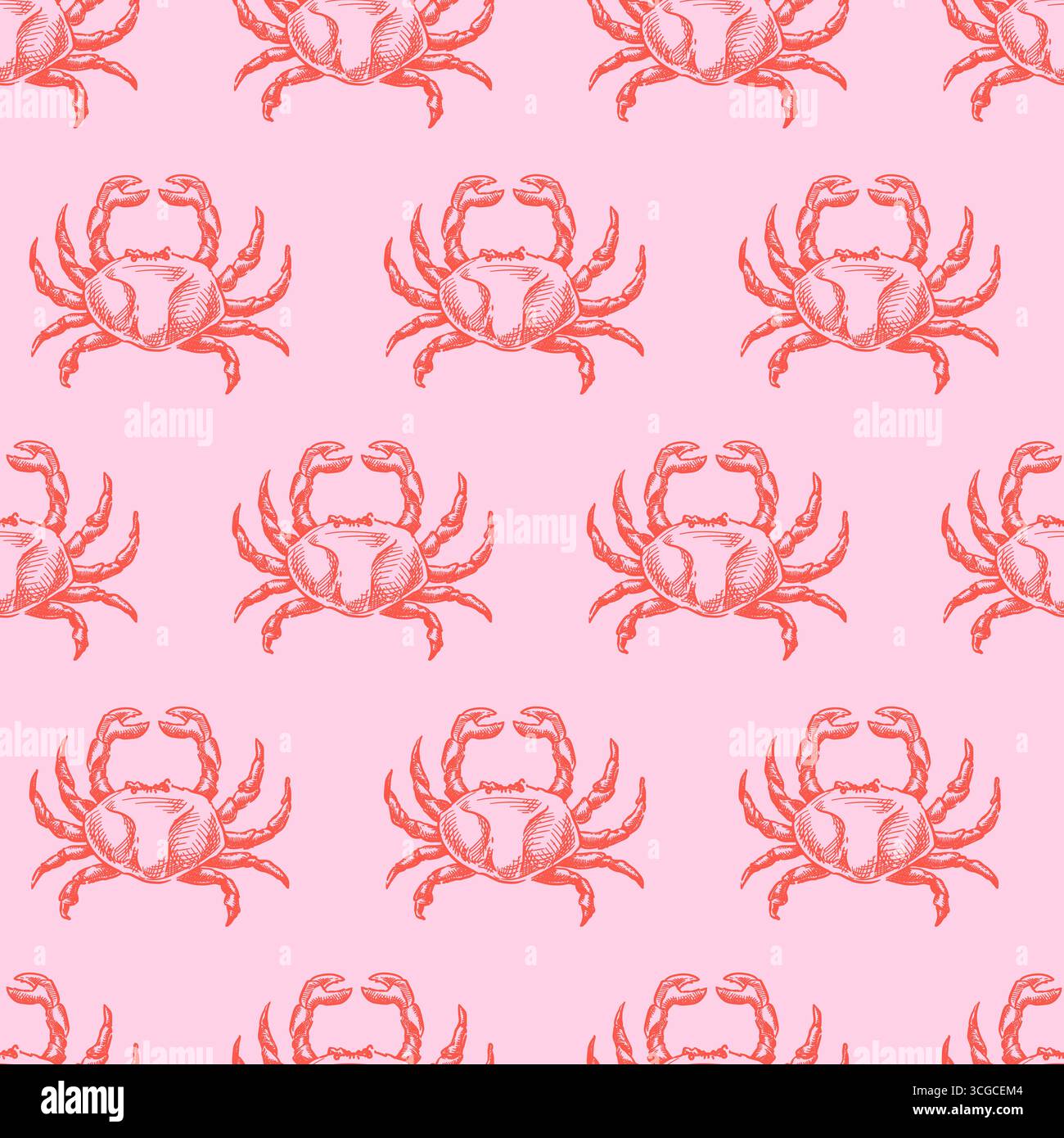 Motif sans couture de crabe rouge. Illustration d'esquisse dessinée à la main vectorielle. Fond rose marine doodle. Conception pour l'impression textile de mode d'été, plage coasta Illustration de Vecteur