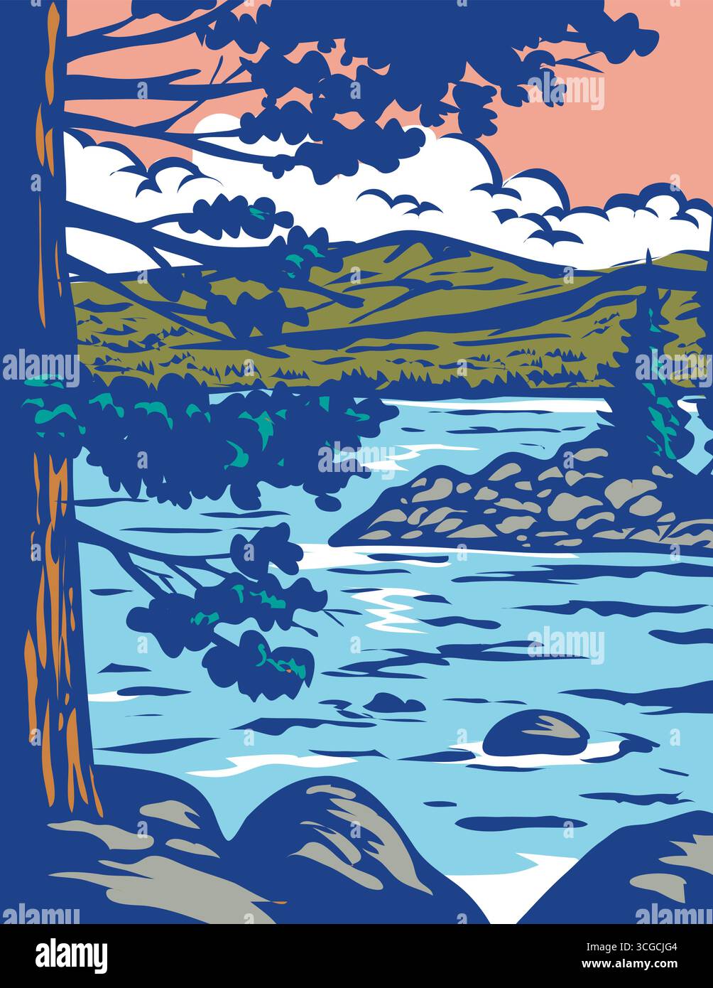 Art d'affiche WPA du parc d'état Emerald Bay à South Lake Tahoe, Californie, États-Unis fait dans le style d'administration de projet de travaux. Illustration de Vecteur