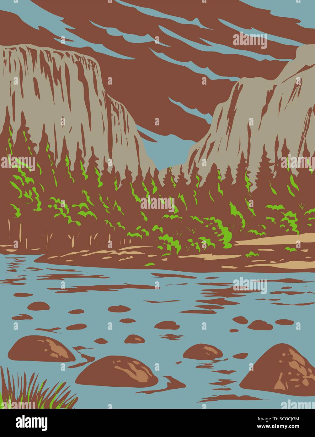 WPA affiche art d'El Capitan dans le parc national de Yosemite en Californie, USA fait dans le style d'administration de projet de travaux. Illustration de Vecteur