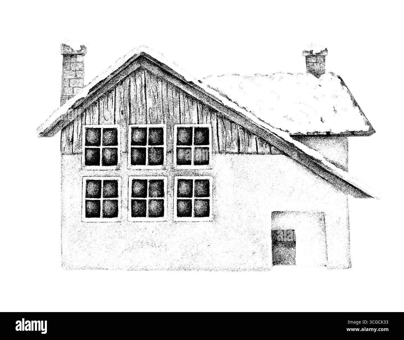 Illustration vintage dessinée à la main d'une maison alpine en bois avec fenêtres et toit enneigé, isolé sur fond blanc. Croquis au crayon avec traits et dans Banque D'Images