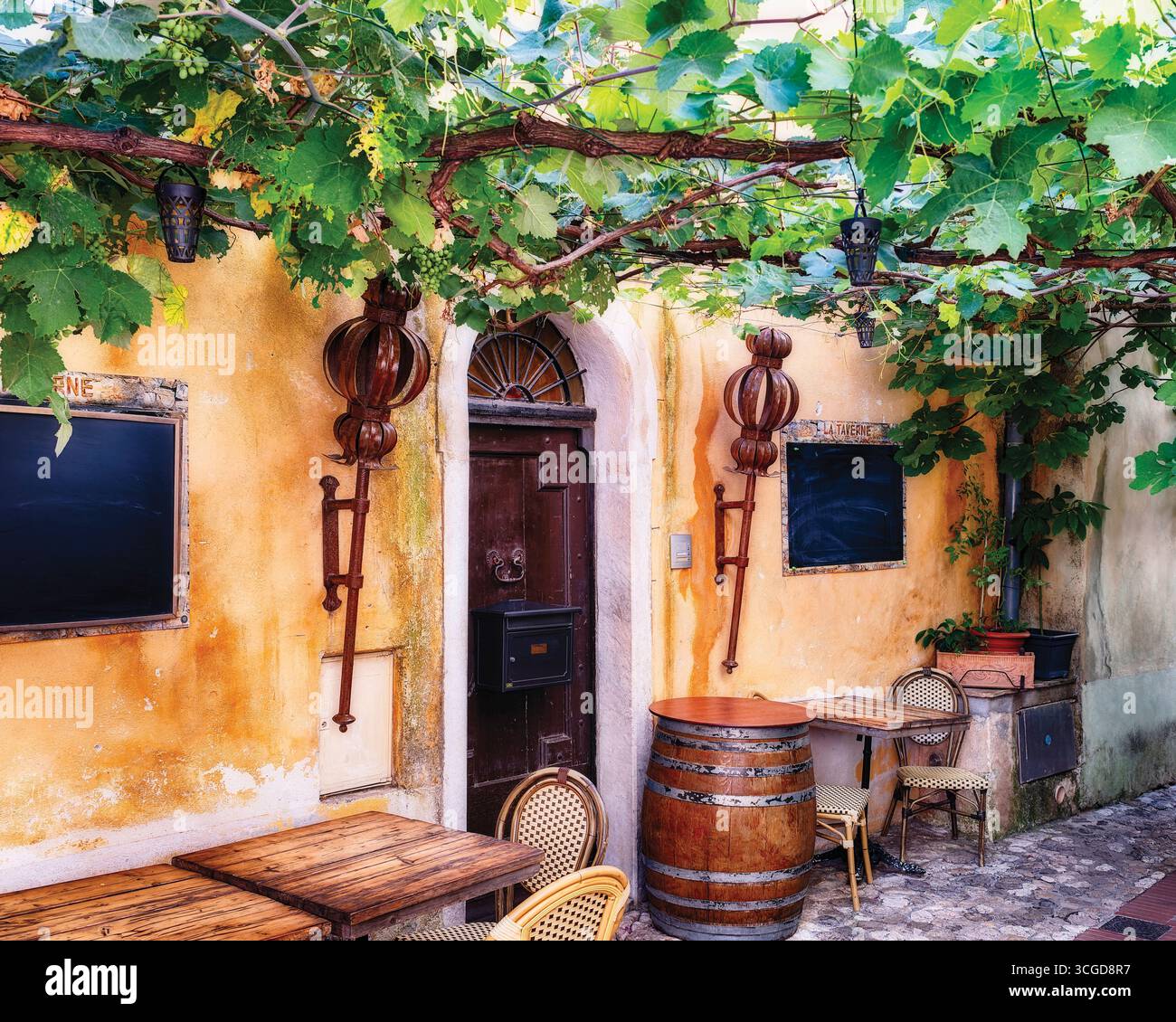 Entrée de taverne sous un treillis de vignes dans le village médiéval d'Eze, Alpes Maritimes, Côte d'Azur, France Banque D'Images
