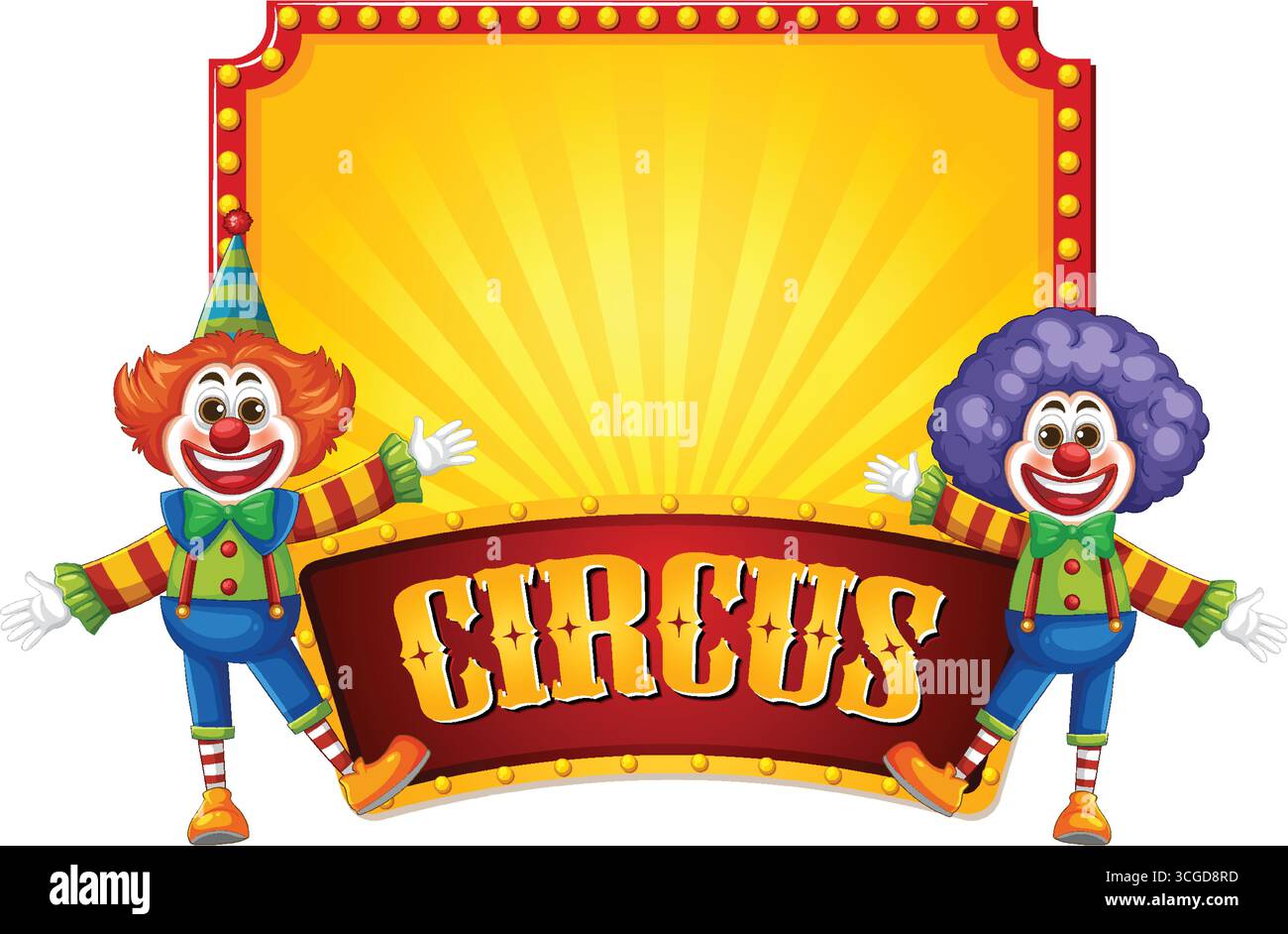 Deux clowns joyeux de dessins animés se tiennent près d'une chapiteau de cirque lumineux avec des lettres et des costumes audacieux. Illustration de Vecteur