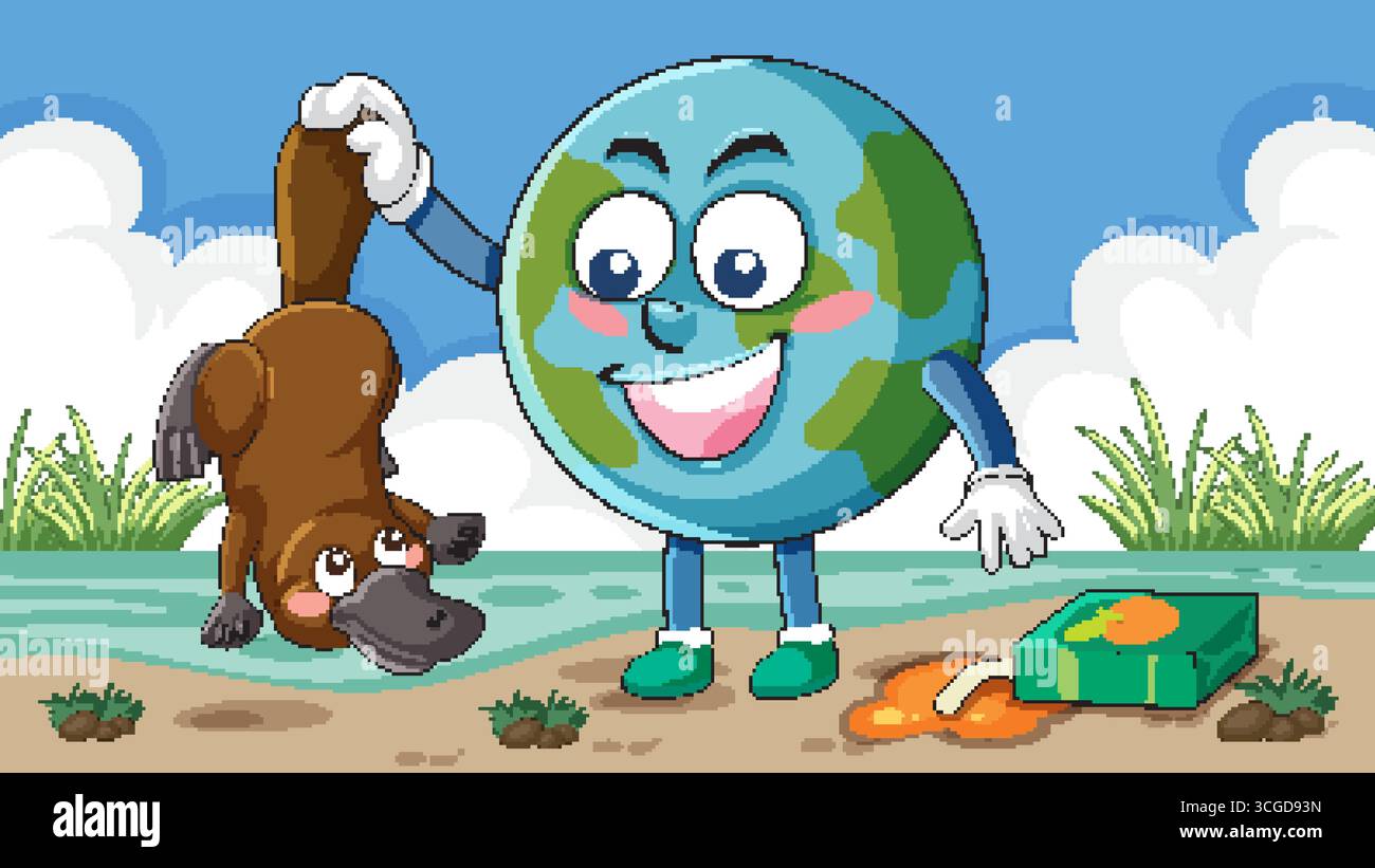Personnage de la Terre de dessin animé tenant ornithorynque à l'envers près de la rive avec une boîte de jus d'orange renversé. Illustration de Vecteur