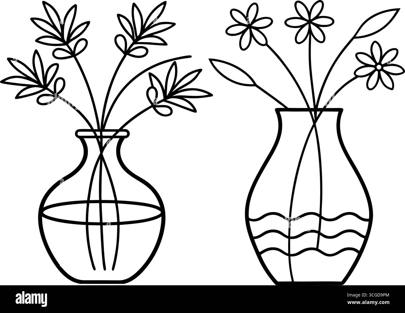 Ensemble de trois arrangements floraux dans la page de coloration de vases isolé sur fond blanc Illustration de Vecteur