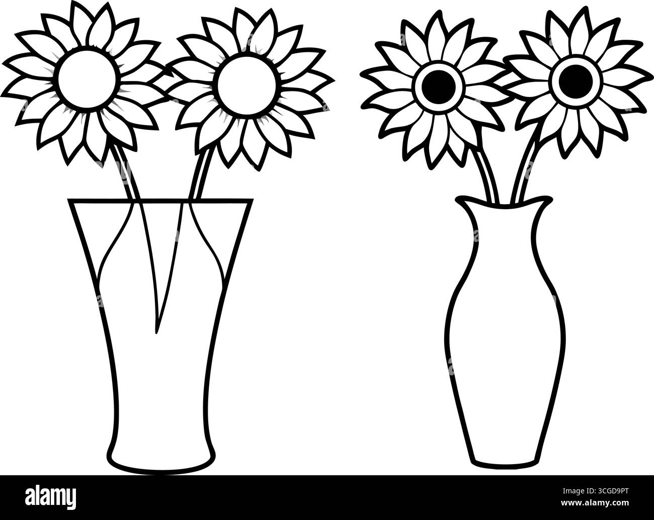 Ensemble de trois arrangements floraux dans la page de coloration de vases isolé sur fond blanc Illustration de Vecteur