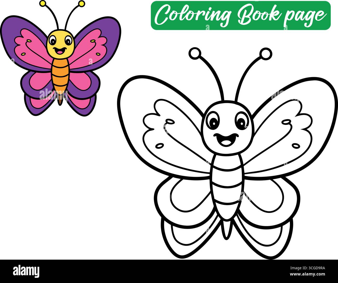 Coloriage de la page de livre avec divers papillons et exemples isolés sur fond blanc Illustration de Vecteur