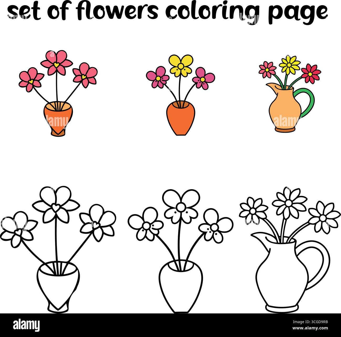 Ensemble de trois arrangements floraux dans la page de coloration de vases isolé sur fond blanc Illustration de Vecteur